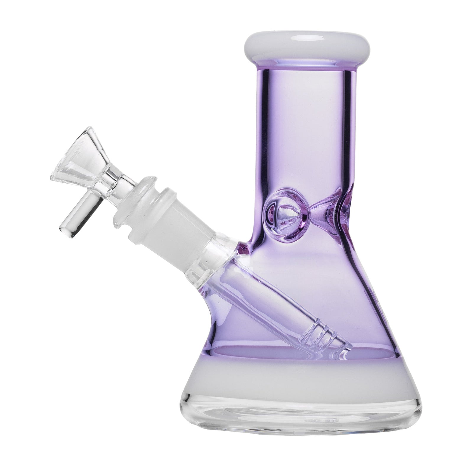 A clear thick glass and lavender mini beaker bong with a downstem and a flower bowl, featuring an ice catcher.