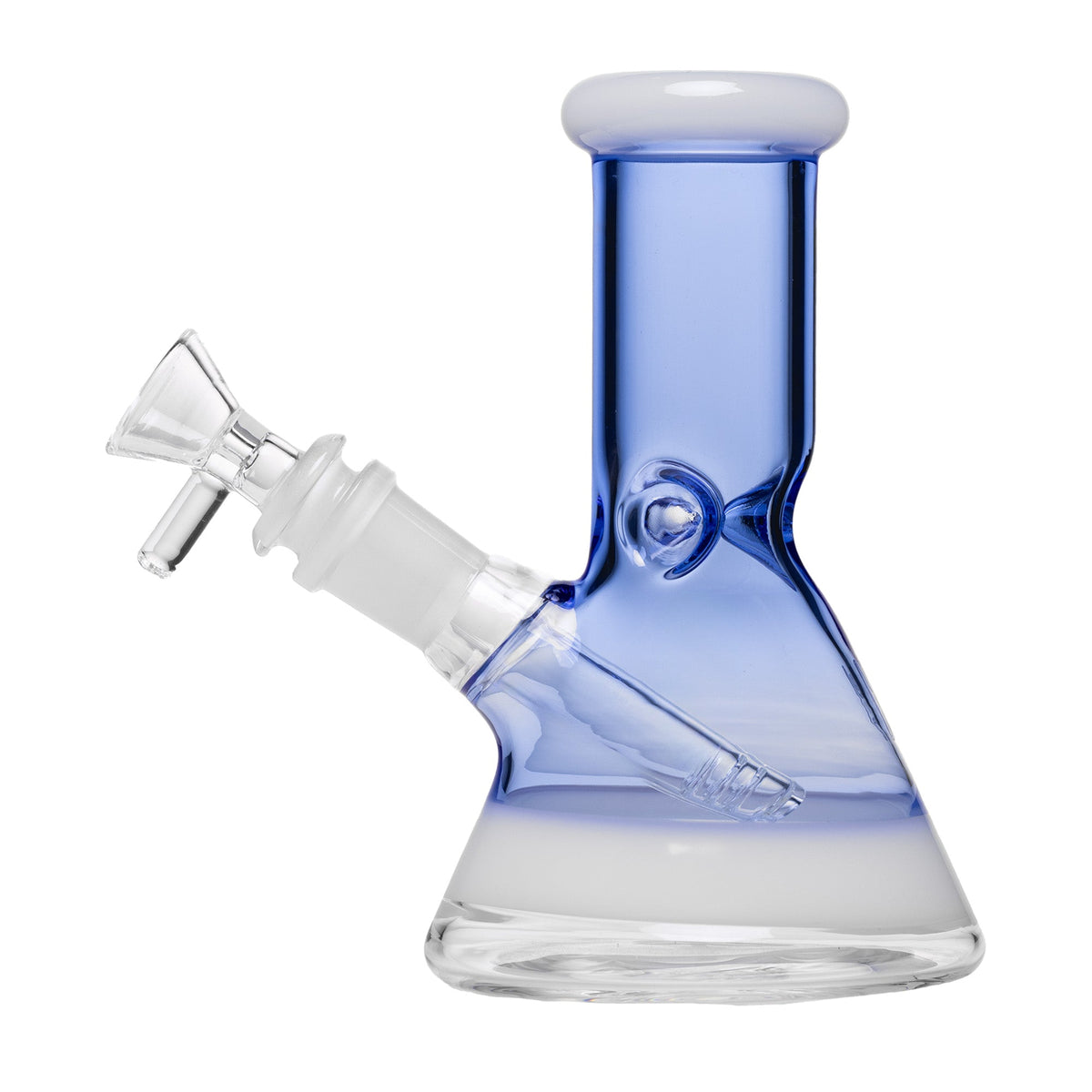 A clear and blue glass beaker water pipe with a downstem and a flower bowl, featuring an ice catcher.