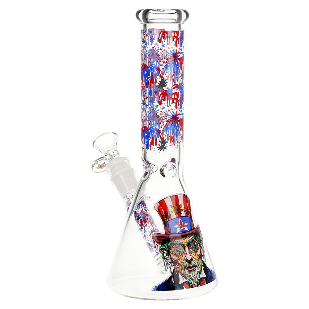 Melting Uncle Sam designed glass beaker bong on white background 