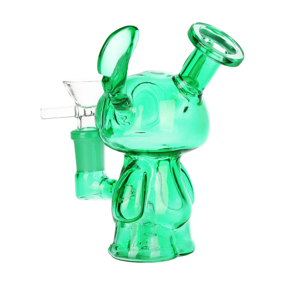 Green glass bunny-shaped water pipe on a white background