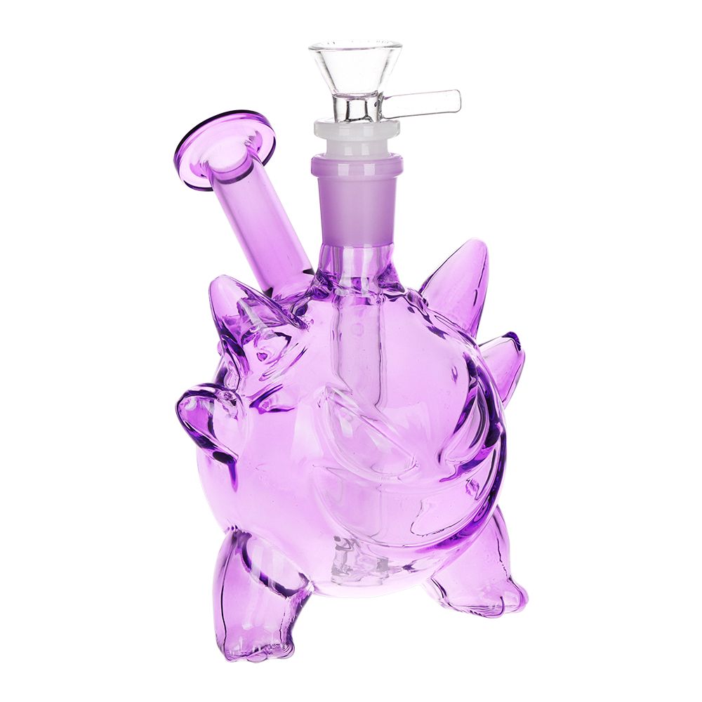 Purple glass smoking device shaped like a monster on a white background
