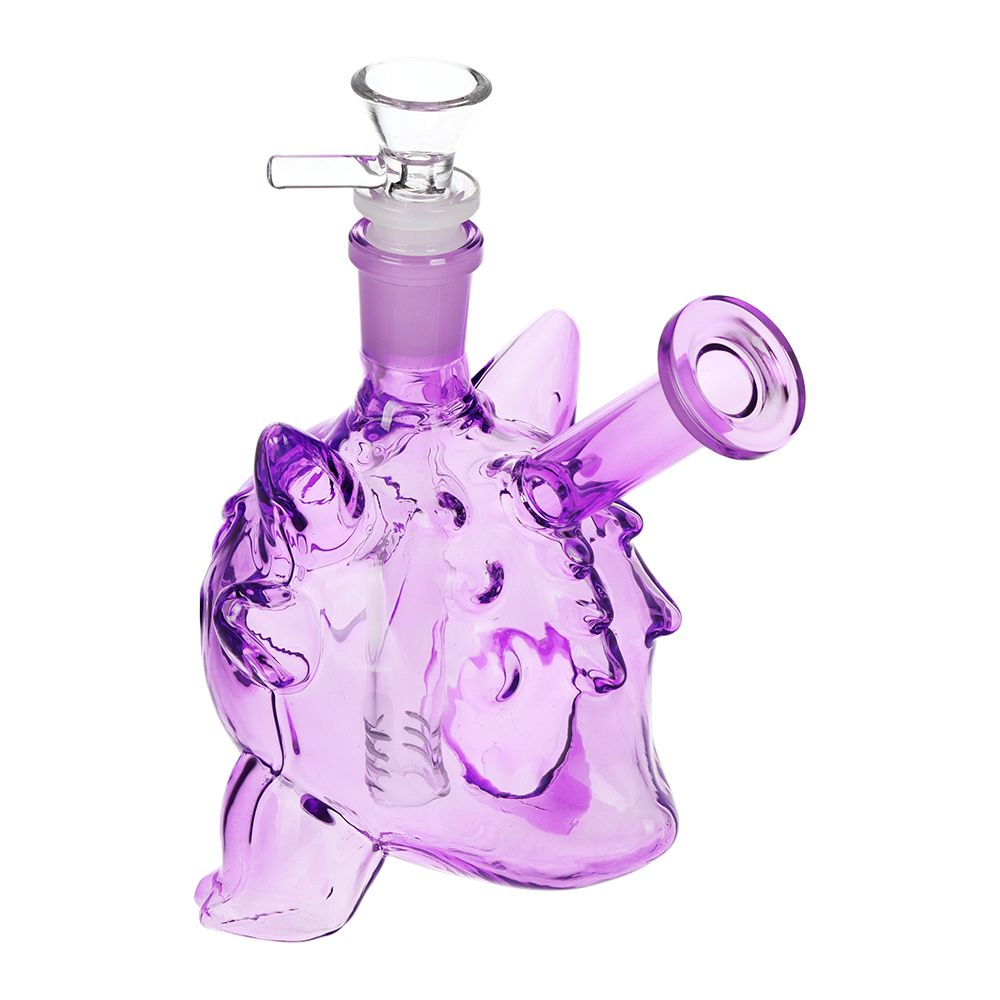 Purple glass bong device on a white background