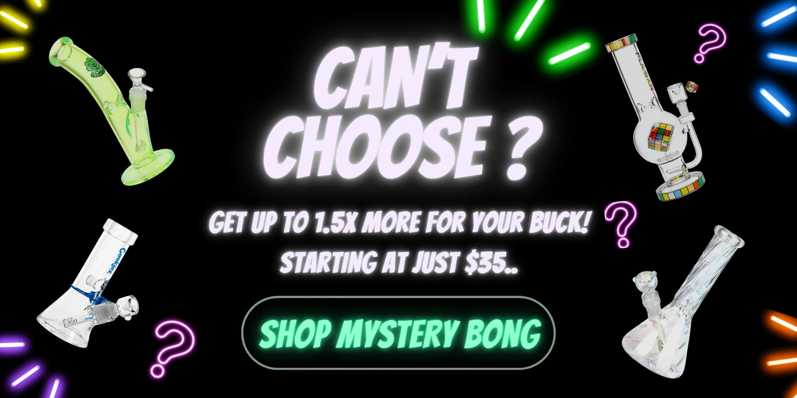Promotional mystery bong graphic with colorful bongs on a black background