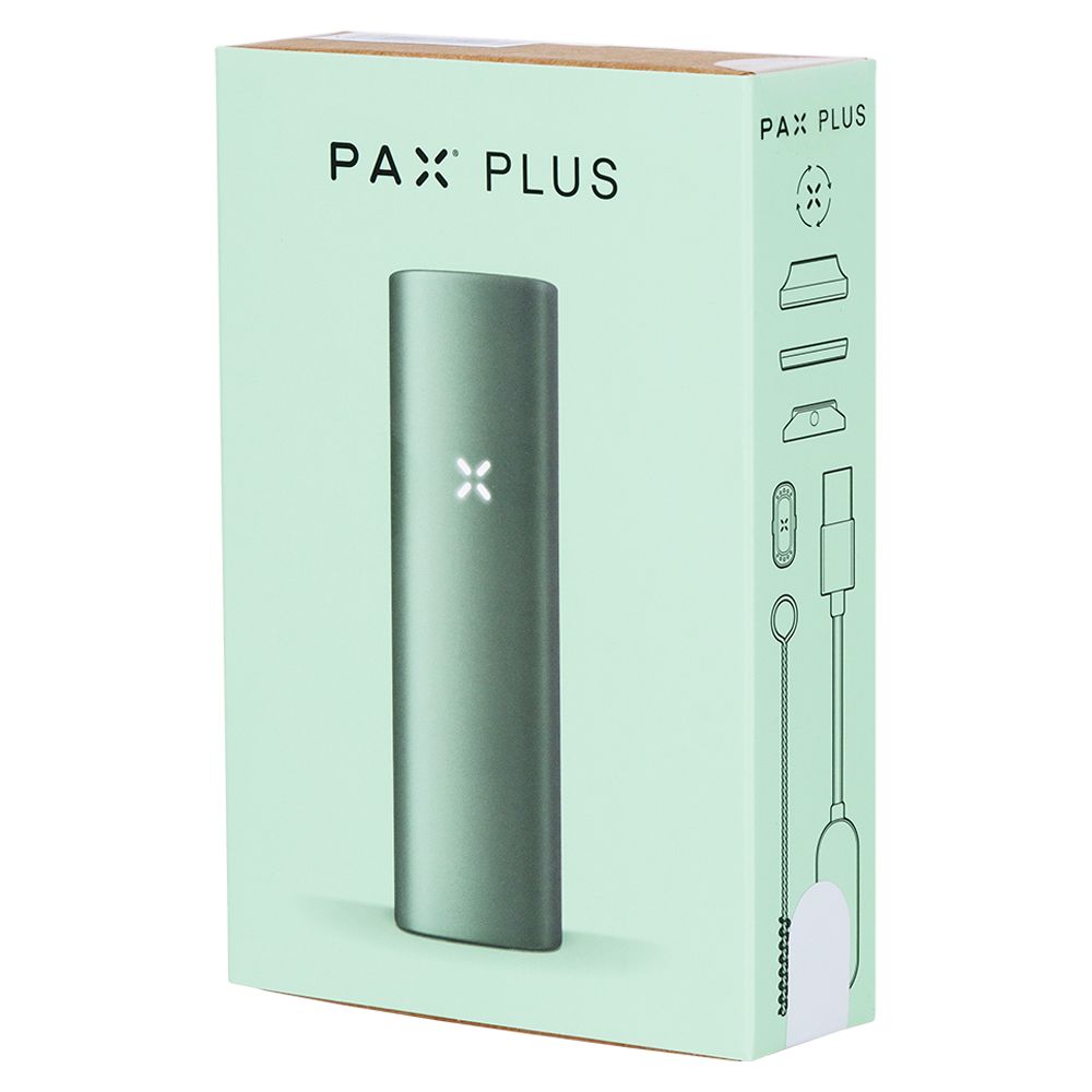 Pax Plus  dry herb vaporizer packaging with a green background