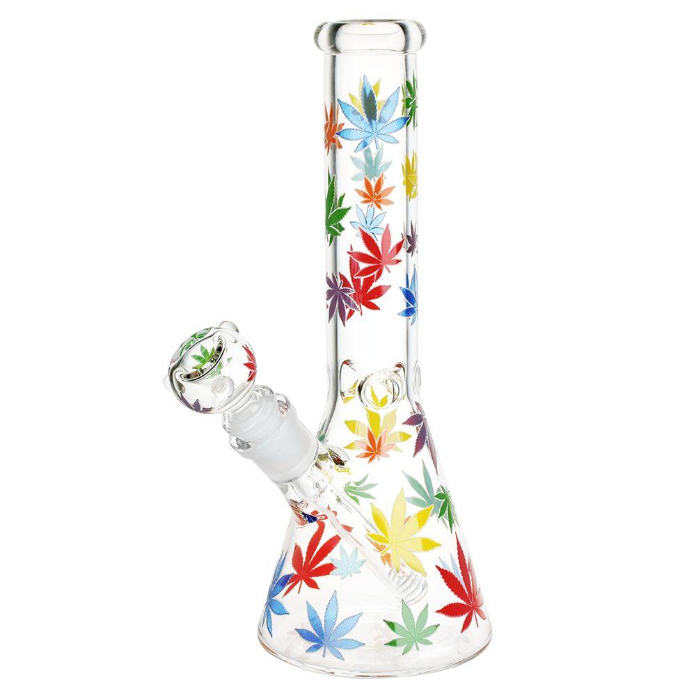 Glass smoking Bong device with colorful leaf patterns on a white background
