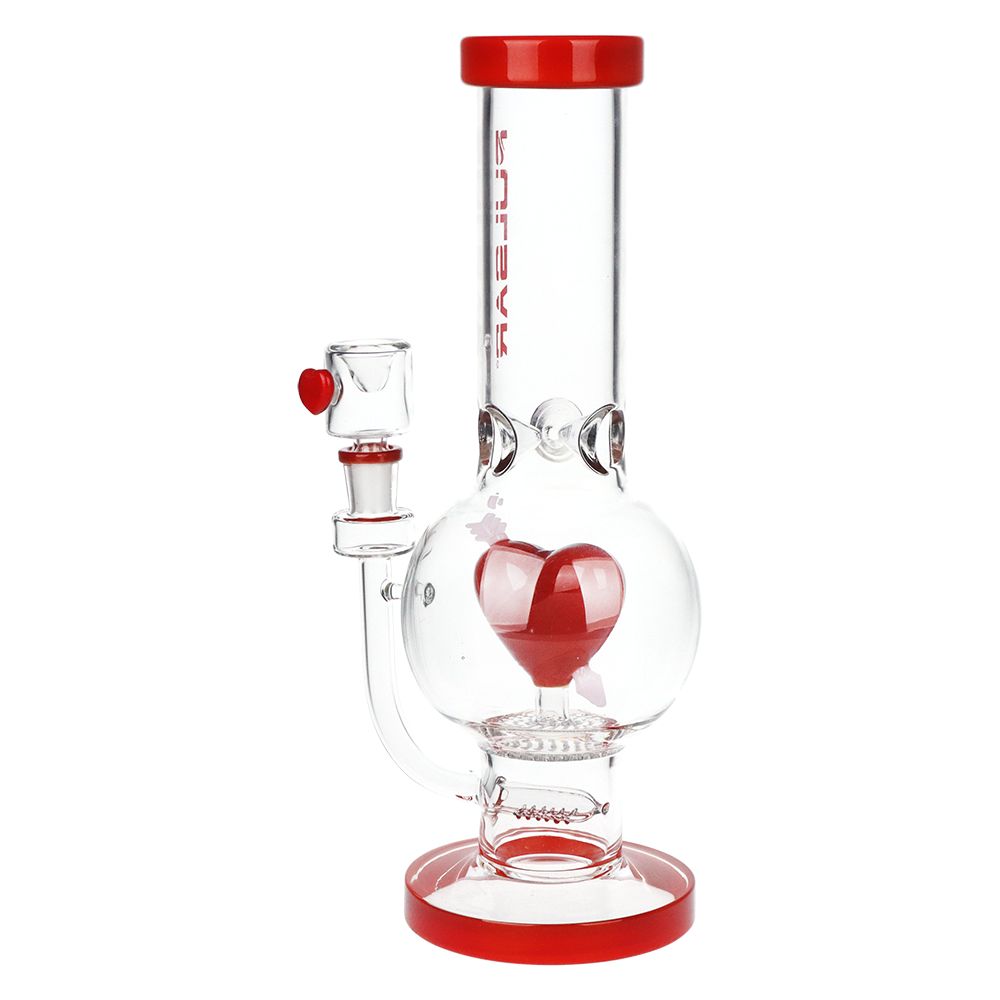 Clear glass water pipe with red hearts accents on a white background