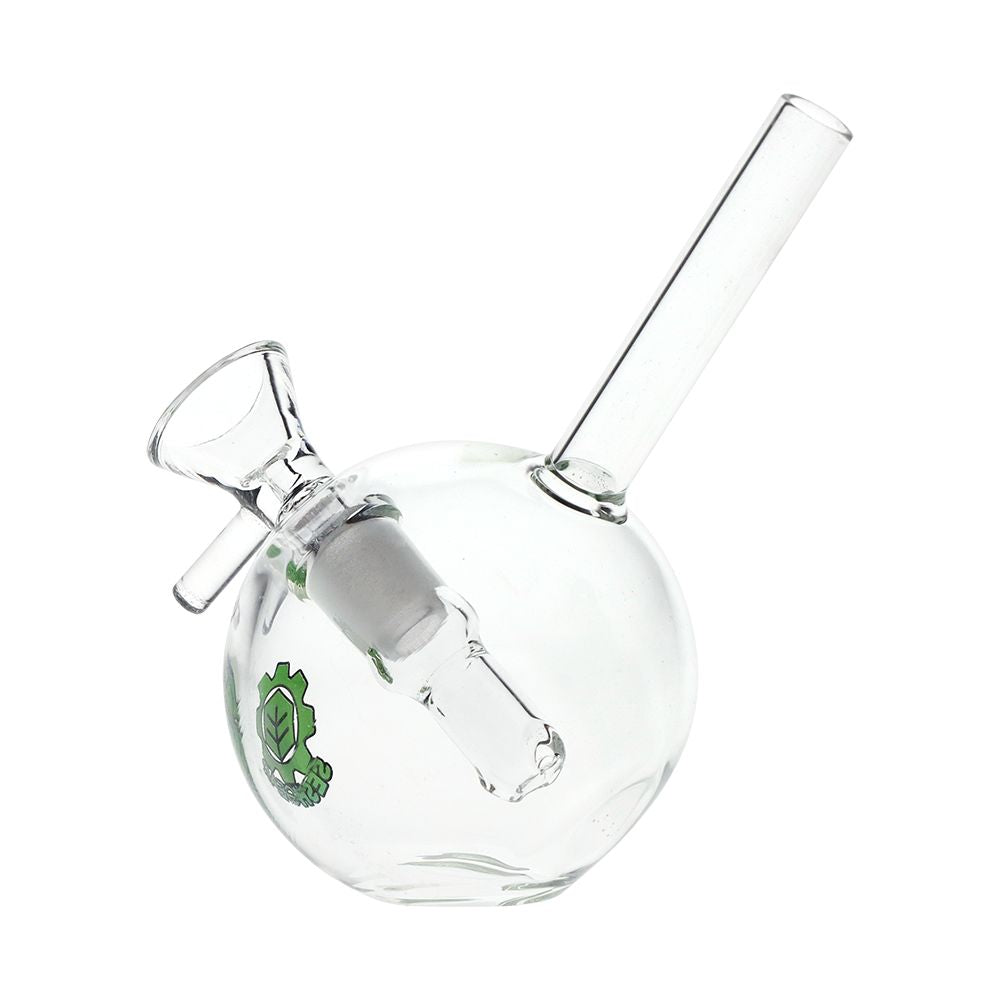 Clear glass ball style bong on a white background