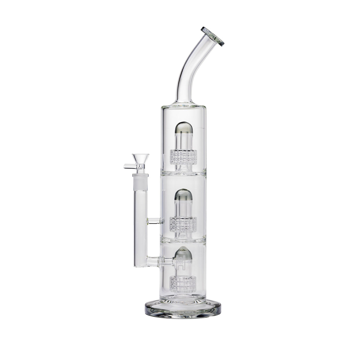 Clear glass smoke triple matrix percolator water pipe on a white background