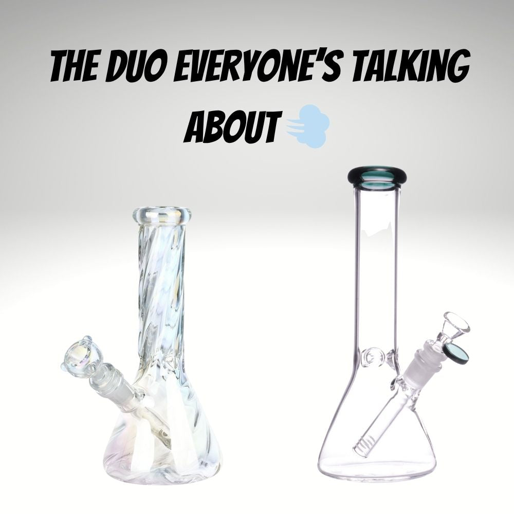 Two glass water pipes on a white background with text overlay.