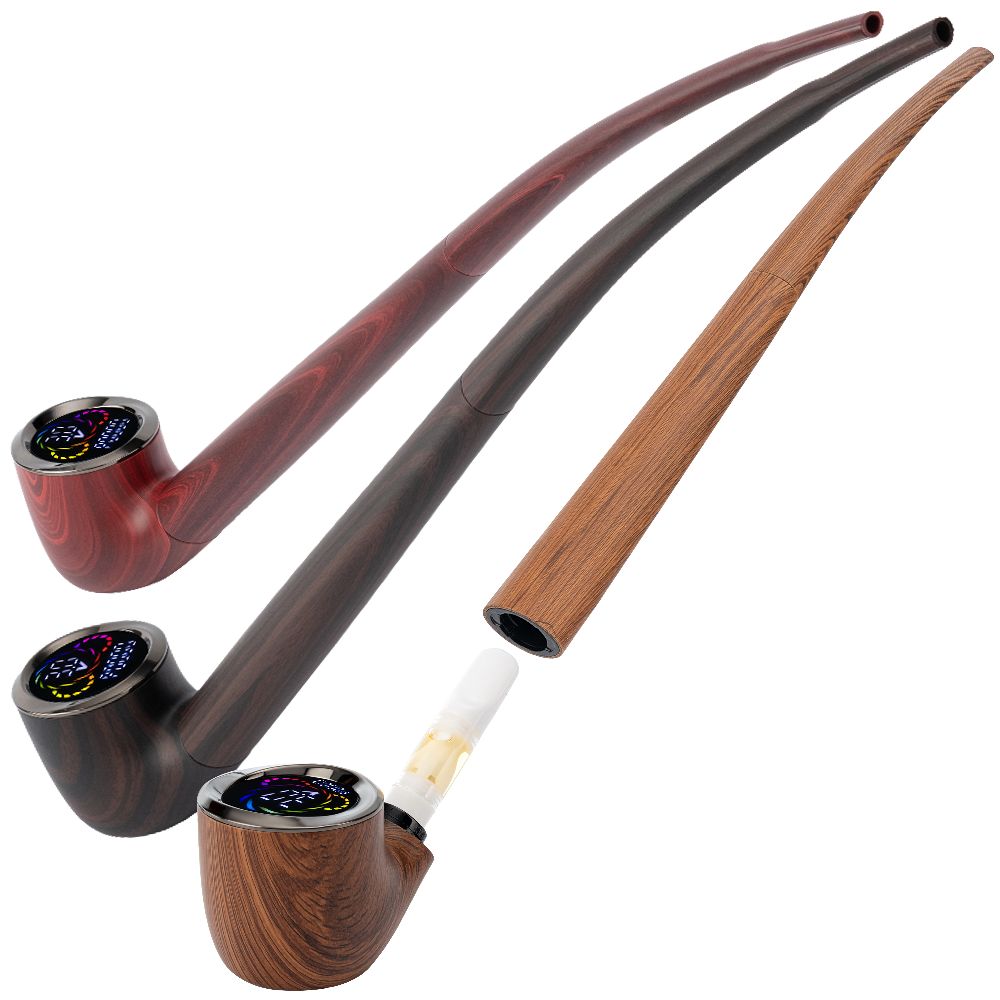 Three wooden wizard vape pipes of different colors on a white background