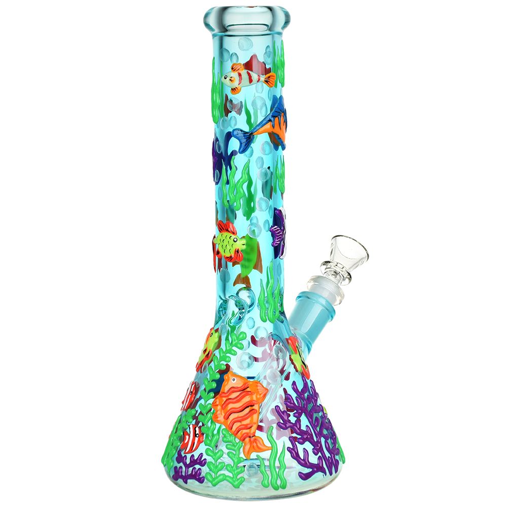 Colorful glass water pipe with fish and coral reef design on a white background