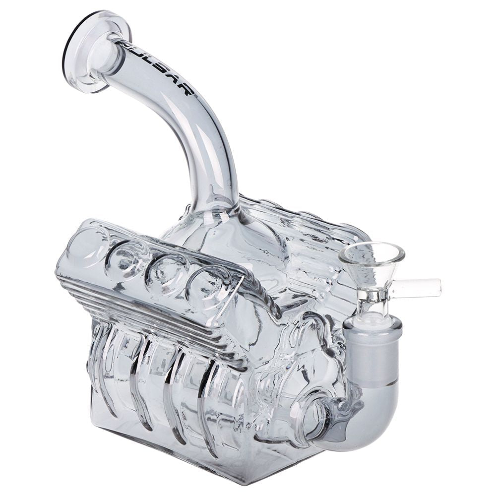 Engine designed glass bong on a white background