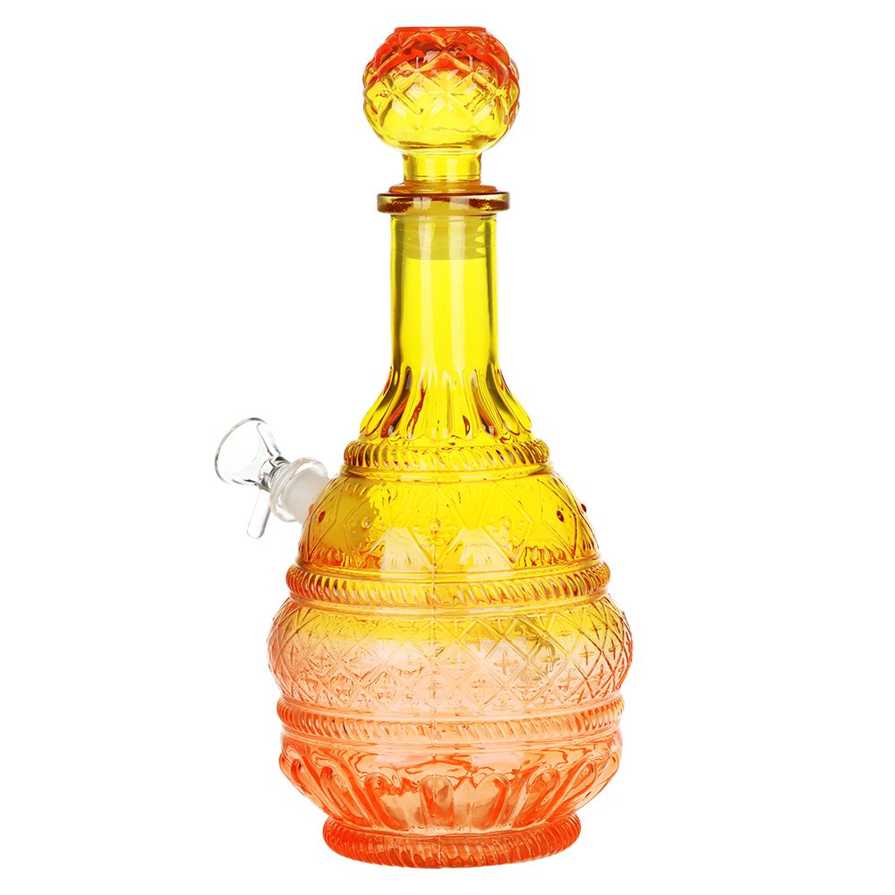 Decorative glass decanter bong with a yellow and orange gradient on a white background