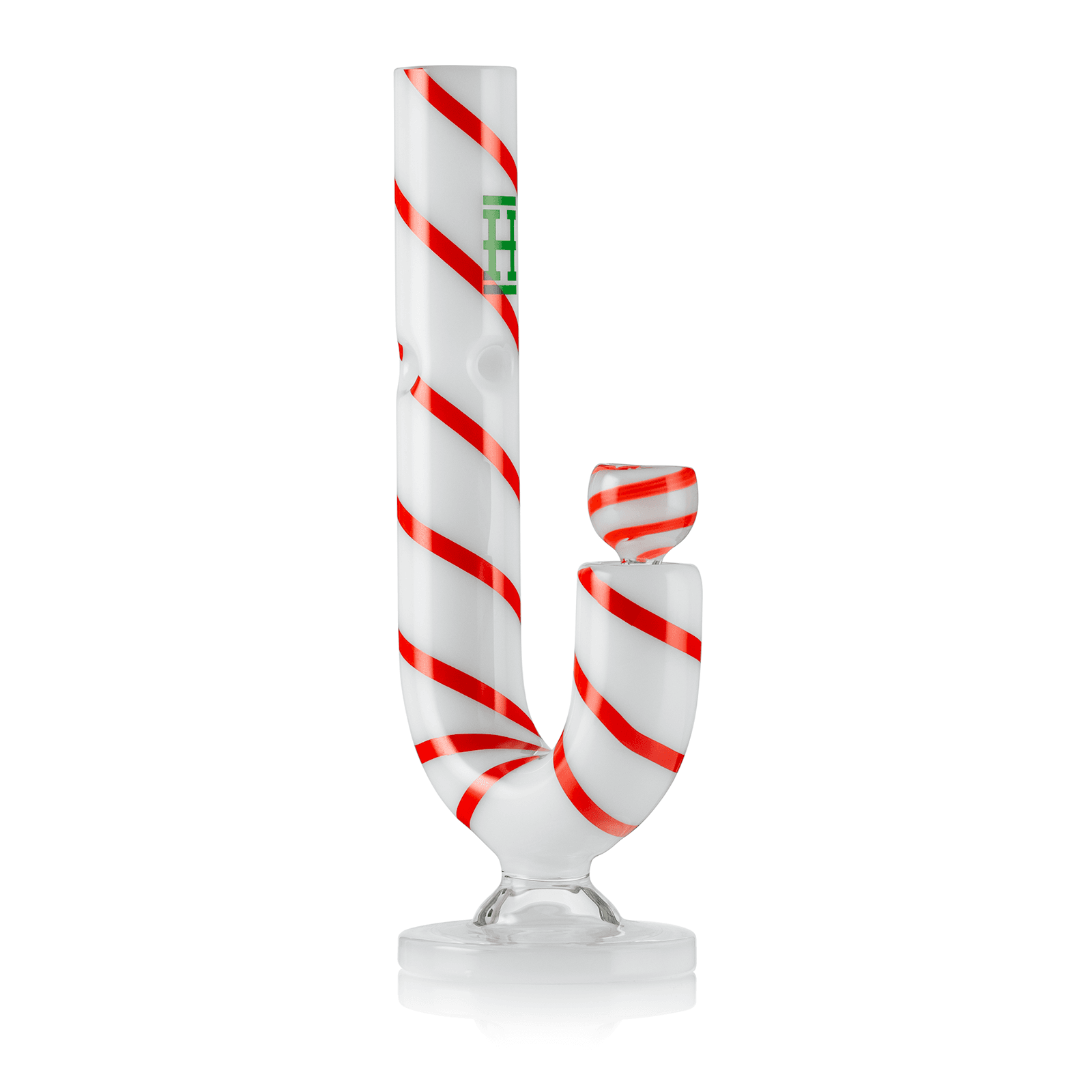 A white glass bong with a swirling red and white stripe design, resembling a candy cane, with a removable bowl featuring the same pattern.
